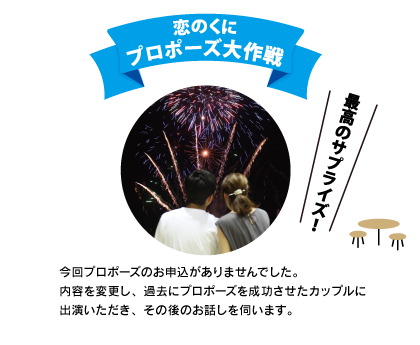 恋のくにプロポーズ大作戦 最高のサプライズ！ 今回プロポーズのお申込がありませんでした。内容を変更し、過去にプロポーズを成功させたカップルに出演いただき、その後のお話しを伺います。